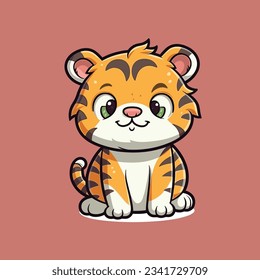 Vector illustration of a cute cartoon tiger sitting with a big smile, illustration of a cute cattoon lion, vector illustrator cute tiger or lion with a variety of emotions that you will love