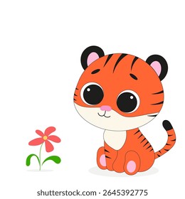 Vector illustration of cute cartoon tiger cub with orange stripes and big eyes sitting next to pink flower on white background.