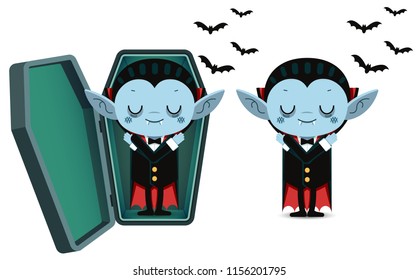 Vector illustration, Cute cartoon tiny vampire Dracula sleep in coffin