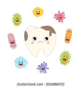 Ilustración vectorial de un lindo diente de caricatura con caries y gérmenes malvados. Concepto de higiene dental.
