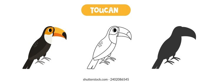 Vector illustration of cute cartoon toucan. Coloring page. Vector silhouette.