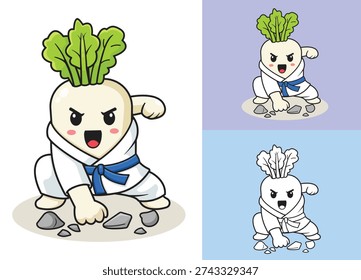 Vector illustration of Cute cartoon Turnip Karate. Happy cartoon vegetable character in flat style. Vegetable sport mascot, showing healthy lifestyle, fitness, wellnes, kids illustration.