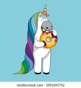 Vector illustration with cute cartoon unicorn eating tasty donuts. Cute magical unicorn isolated on blue background. Print for t-shirt or sticker. Romantic hand drawing illustration.