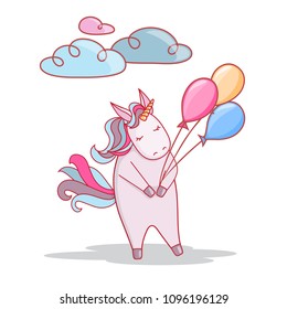 Vector illustration with cute cartoon unicorn. Beautiful unicorn with balloons and clouds. 