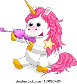 Vector illustration with cute cartoon unicorn.The fantastic unicorn plays a violin.