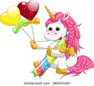 Vector illustration with cute cartoon unicorn eating tasty candy