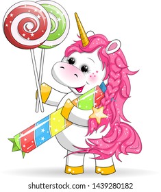 Vector illustration with cute cartoon unicorn eating tasty candy