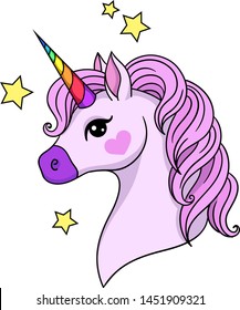 Vector illustration of cute cartoon unicorn with stars isolated on white for design prints, posters, cards etc.
