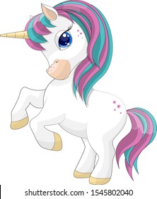 Vector illustration cute cartoon unicorn. Isolated Unicorn on a white background.  White Unicorn with rainbow hair vector illustration for children design. Sweet fantasy character for t-shirts and car