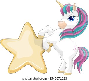 Vector illustration with cute cartoon unicorn. Isolated Unicorn on a white background. White unicorn on a gold star for children 's design. Sweet fantasy character for t-shirts and cards.