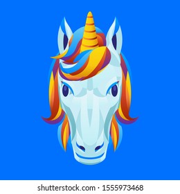 Vector illustration of cute cartoon unicorn with isolated blue background. Beautiful colorful unicorn head.