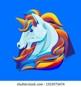 Vector illustration of cute cartoon unicorn with isolated blue background. Beautiful colorful unicorn head.