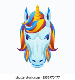 Vector illustration of cute cartoon unicorn with isolated white background. Beautiful colorful unicorn head.