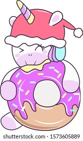 Vector illustration with cute cartoon unicorn eating tasty donuts. A fan of bun, candy and sweets rejoices at the holiday.Kid's greeting card design. Obyect isolated on white