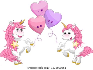 Vector illustration with cute cartoon unicorn with heart-shaped balloons. Isolated on a white background.  White Unicorn  for on children design. Sweet fantasy character for t-shirts and cards.