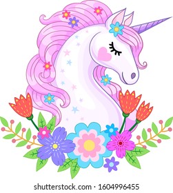 Vector illustration of cute cartoon unicorn with pink mane and flowers. Drawing in pastel colors for design prints, cards, posters.