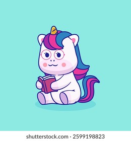 Vector illustration of cute cartoon unicorn reading a book. Animal and education icon concept Isolated. Babby unicorn in flat cartoon style.