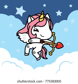 Vector illustration of Cute cartoon unicorn with cupid wings and arrows flying on the blue sky background ,flat design , sweet color for kids isolated vector objects , card for valentine's day