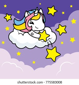 Vector illustration of Cute cartoon unicorn with cupid wings lay on cloud ,night background release yellow stars ,flat design , sweet color for kids isolated vector objects , card for valentine's day