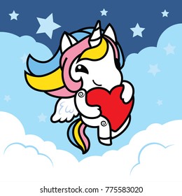 Vector illustration of Cute cartoon unicorn with cupid wings hug big red heart flying on the blue sky background ,flat design , sweet color for kids isolated vector objects , card for valentine's day