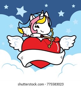 Vector illustration of Cute cartoon unicorn has cupid wings and arrows with big red heart flying on blue sky background ,flat design , sweet color for kids , card for valentine's day