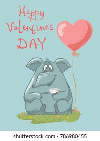 Vector illustration of cute cartoon Valentine elephant in love with heart balloon