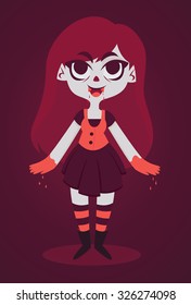 Vector illustration of cute cartoon vampire standing with blood in her hands.