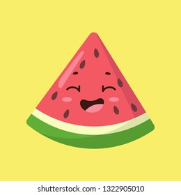 Vector illustration of cute cartoon watermelon slice with kawaii face on yellow background. It can be used for sticker, patch, phone case, poster, t-shirt, mug and other design.