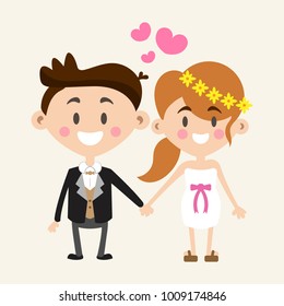 Vector illustration. Cute cartoon wedding couple holding hand