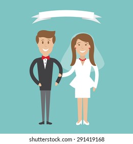 Vector illustration. Cute cartoon wedding couple holding hand on blue background. Wedding card modern design