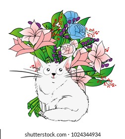 Vector illustration of a cute cartoon white cat, on a background of a congratulatory bouquet.