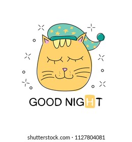 Vector illustration. Cute cartoon white cat sleeping and wishing good night. Lovely greeting card, home poster, banner. Lettering quote, childish background.