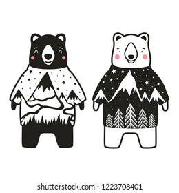 Vector illustration with cute cartoon white and black bears in sweaters with pine forest, mountains and stars. Black and white print designs, home decoration poster with wild animal