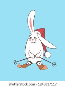 Vector illustration of cute cartoon white hare is isolated on the light-blue background it has skis and It is wearing a Christmas hat. this character is for winter holidays