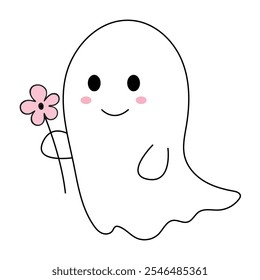 Ilustración vectorial de un lindo fantasma blanco de dibujos animados con una flor rosa en la mano sobre un fondo blanco.