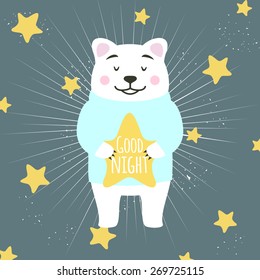 Vector illustration. Cute cartoon white bear holding star and wishing good night. Yellow stars on the background
