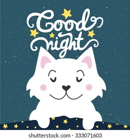 ベクターイラスト 毛布の下で寝ておやすみを願う可愛い漫画の白猫 素敵なグリーティングカード ホームポスター バナー 子どもじみた背景に文字の引用 のベクター画像素材 ロイヤリティフリー Shutterstock