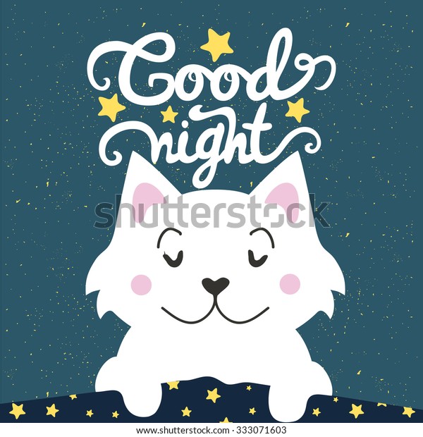 ベクターイラスト 毛布の下で寝ておやすみを願う可愛い漫画の白猫 素敵なグリーティングカード ホームポスター バナー 子どもじみた背景に文字の引用 のベクター画像素材 ロイヤリティフリー