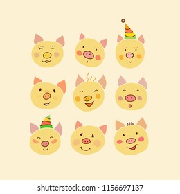 Vector illustration of cute cartoon yellow pigs. Modern design for new year postcard, poster print. Symbol of the year in the Chinese calendar.