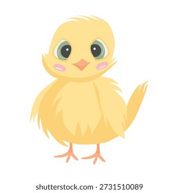 Vector illustration of a cute cartoon yellow chick with large eyes and rosy cheeks, standing with a fluffy appearance on a white background.