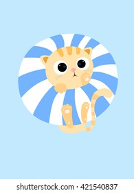Vector Illustration: A cute cartoon yellow cat is swimming in summer vacation in a blue and white swimming ring