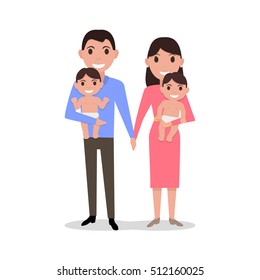 Vector illustration of a cute cartoon young family with twins. Parents holding their twin babies. Mother father and two at a birth child. Drawing, picture isolated on white background. Flat style. 