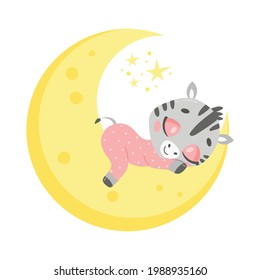 Vector illustration of a cute cartoon zebra sleeping on the moon. Baby animals are sleeping.