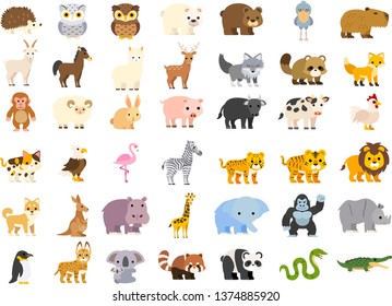 Vector Illustration Of Cute Cartoon Zoo Animals Set: Crocodile Bear Panda Raccoon Koala Penguin Rhino Gorilla Elephant Giraffe Hippo Dog Lion Tiger Cat Cow Pig Rabbit Sheep Fox Monkey Wolf Hedgehog