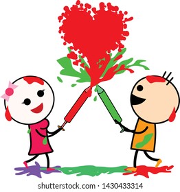  Vector illustration of a cute cartoons (boy and girl) playing with colors and enjoying the moment of love and happiness. Celebrating Indian festival Holi.