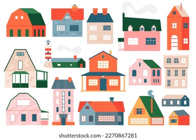 Vector illustration of cute cartooon charming small town village houses with doors, windows, chimneys, and roofs emitting smoke. Front view of a variety of brick cottages and apartments.