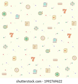 Vector illustration of a cute Casino and Gambling. Collection of cherry, cards, chips, dice, slot machine, seven, coin, heart, money and other elements. Isolated on beige.