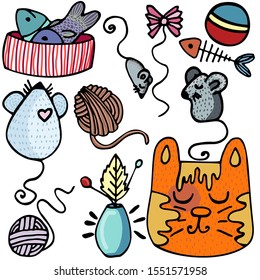Vector illustration of cute cat accessories. Ideal for paper, gift, textile products.
