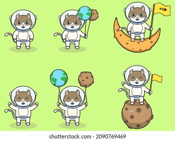 Vector Illustration of Cute Cat with an astronaut costume. Funny Cat Wearing Astronaut Costumes or Spacesuit Vector Set. Flat Cartoon Style.