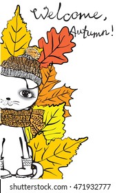 Vector illustration of cute cat autumn for invitation, greeting card design, t-shirt print, inspiration poster.